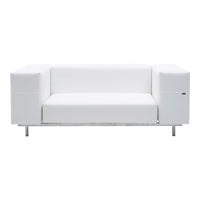 Modern white sofa with sleek lines and a minimalist design, featuring leather upholstery and metal legs.
