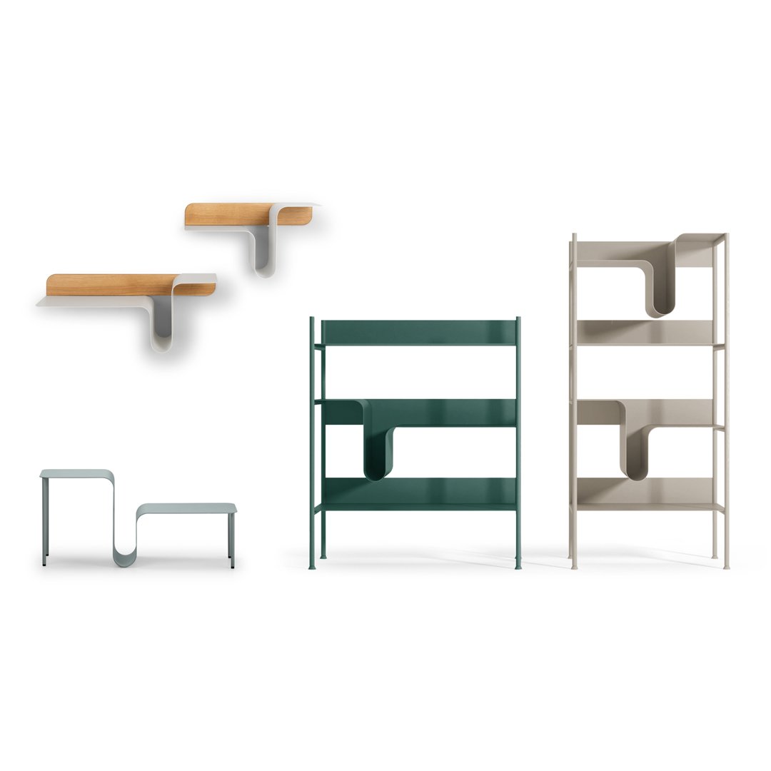 Modern shelving in green, beige, and wood finishes featuring unique geometric patterns. Ideal for stylish storage solutions.