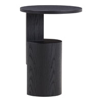 Black modern side table with a sleek cylindrical base and a round top, featuring a minimalist design.