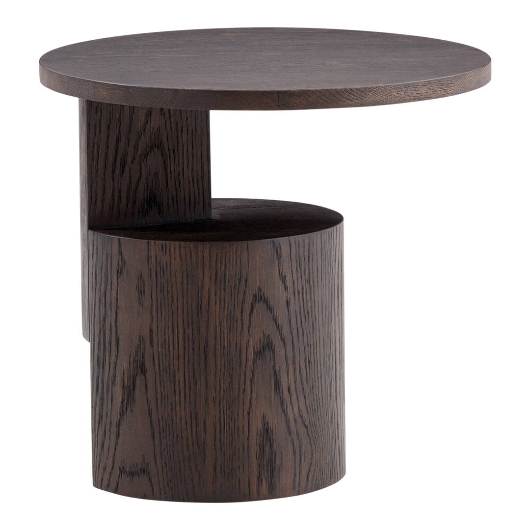 Dark wood round side table with a sleek cylindrical base and smooth surface, showcasing rich grain patterns.