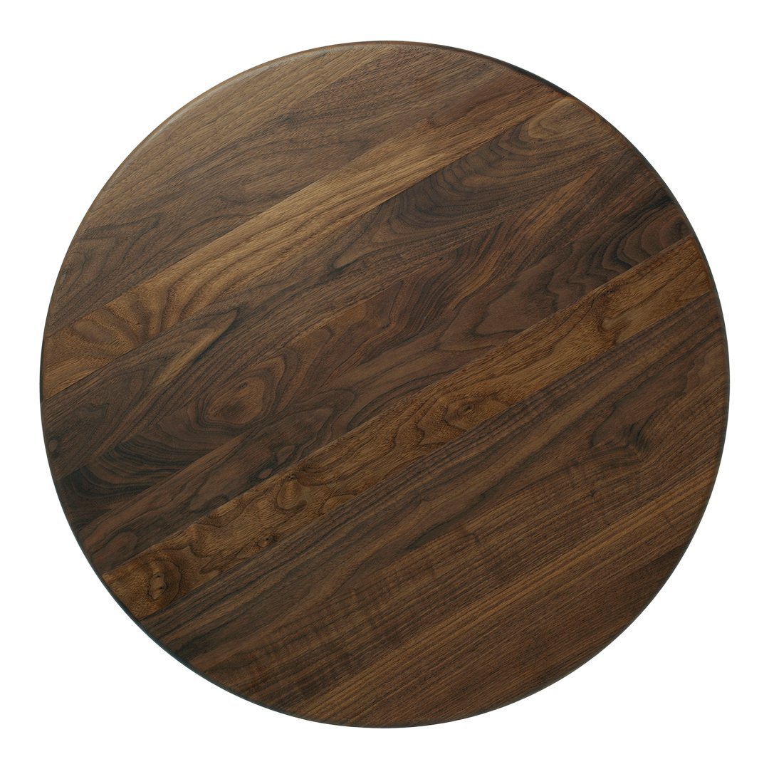 Round wooden tabletop featuring rich dark brown tones with varied grain patterns for a rustic, elegant look.