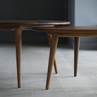 Wooden side tables in warm walnut finish with smooth surfaces and sleek tapered legs, set against a neutral backdrop.