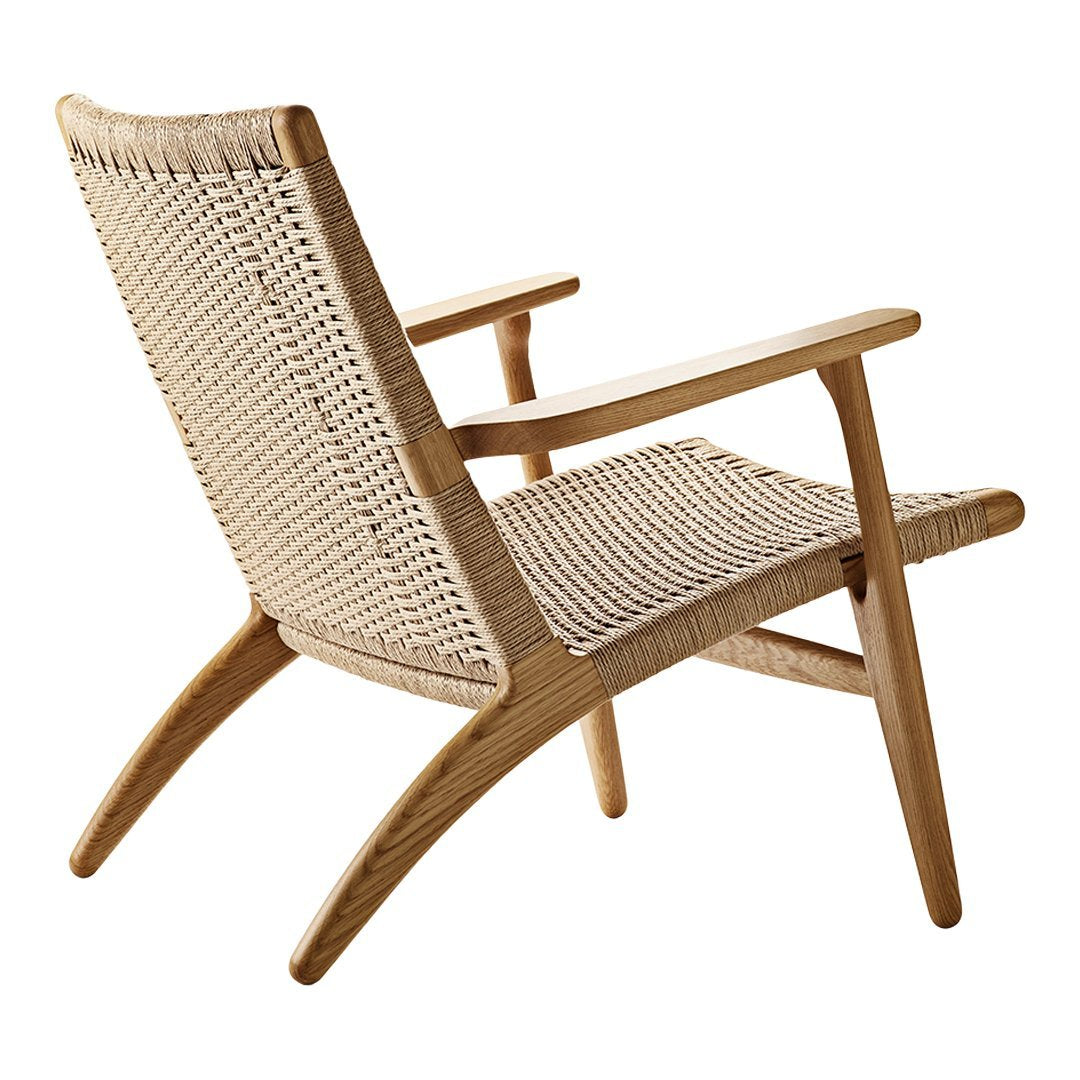 Light beige woven seat and backrest with natural wood frame, showcasing a modern, minimalist design.