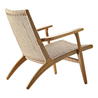 Light beige woven seat and backrest with natural wood frame, showcasing a modern, minimalist design.