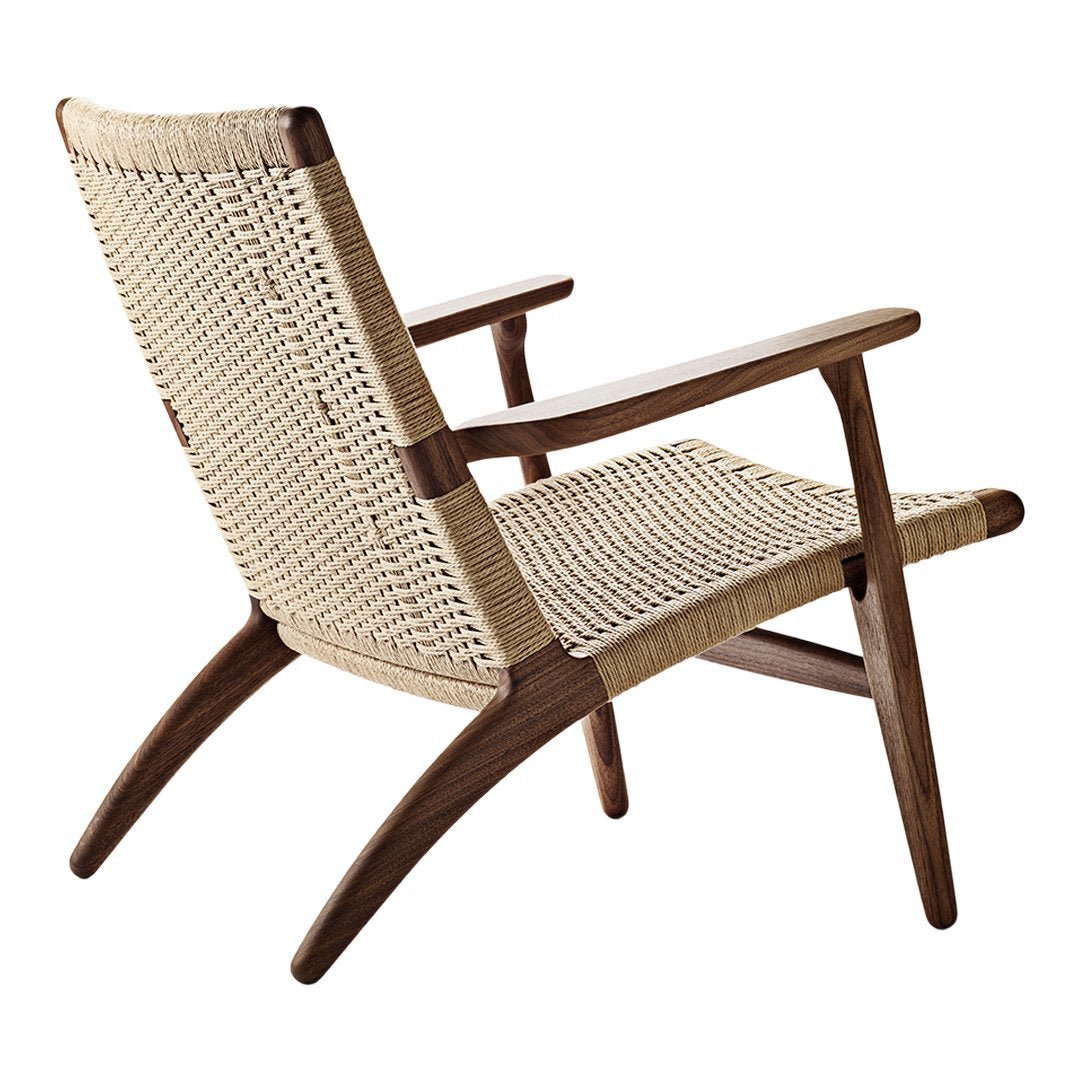 Natural woven rattan in beige with dark walnut wood accents, featuring a minimalist design and sleek lines.