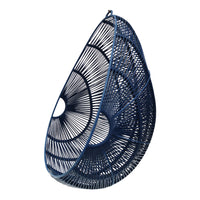 Navy blue hanging chair with intricate geometric pattern and open weave design, perfect for modern decor.