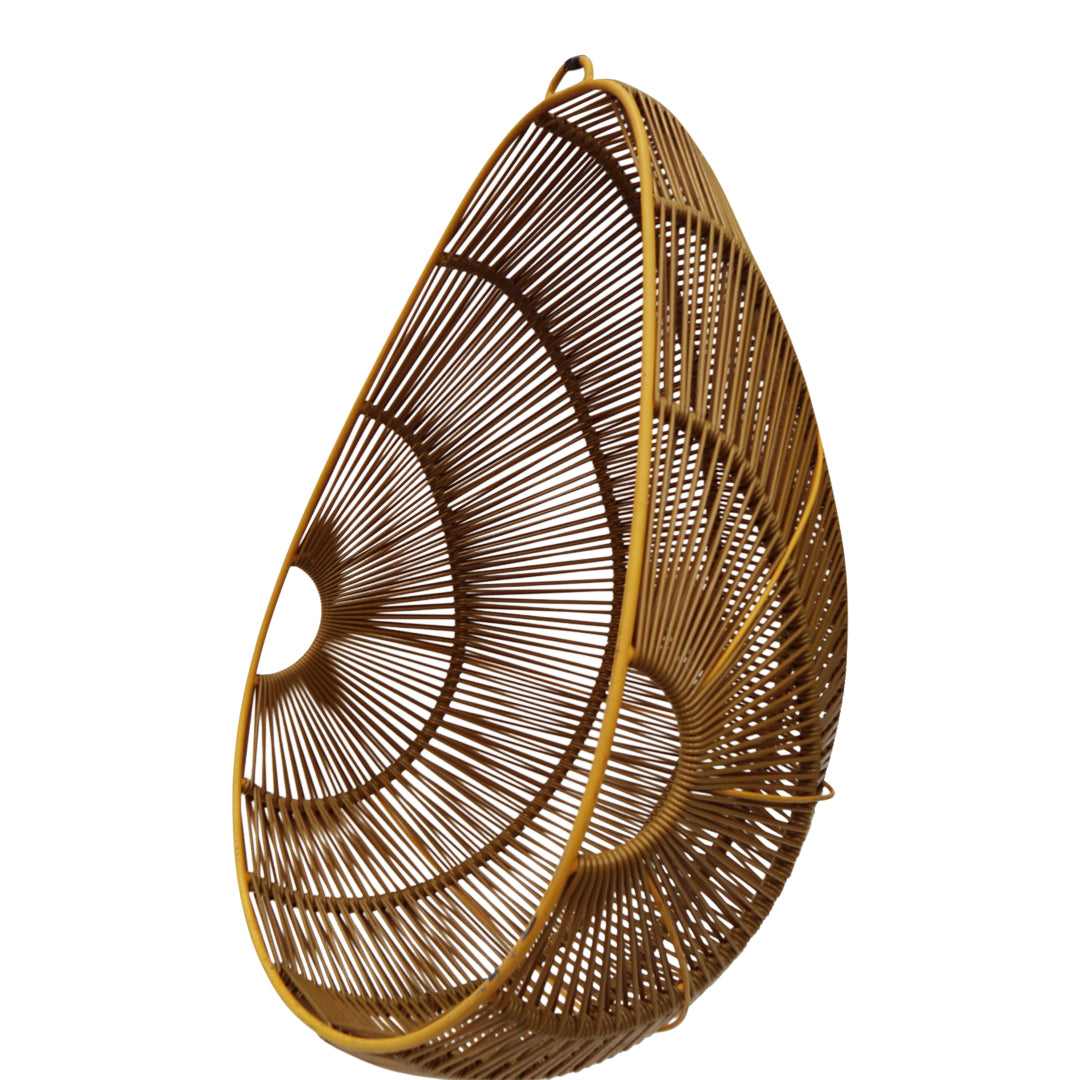 Natural woven bamboo basket in a teardrop shape, featuring intricate golden-brown patterns. Perfect for home décor.