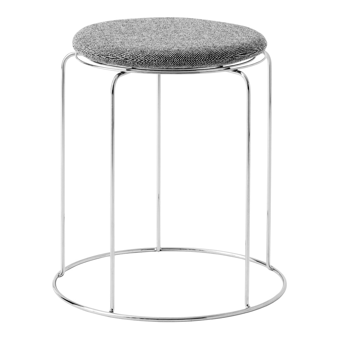 Gray textured fabric stool on a chrome base, featuring a modern, minimalist design suitable for various interiors.