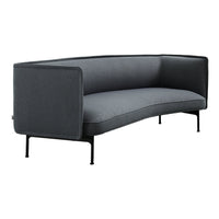 Curved, modern sofa in dark gray fabric with sleek black metal legs, featuring a minimalist design. Perfect for contemporary decor.
