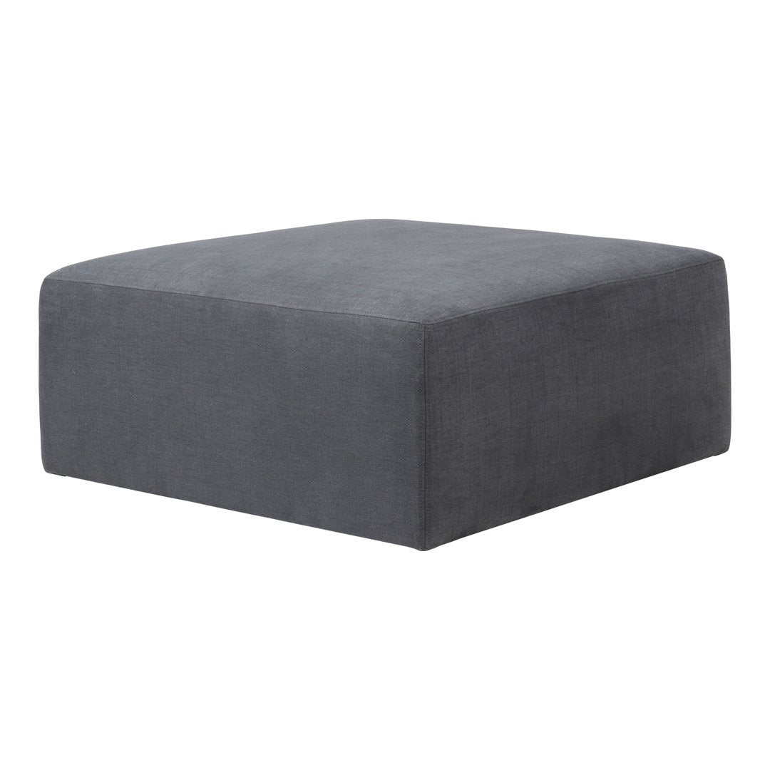 Gray square ottoman with a sleek, minimalist design and smooth fabric texture. Perfect for modern decor.