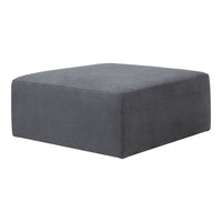Gray square ottoman with a sleek, minimalist design and smooth fabric texture. Perfect for modern decor.