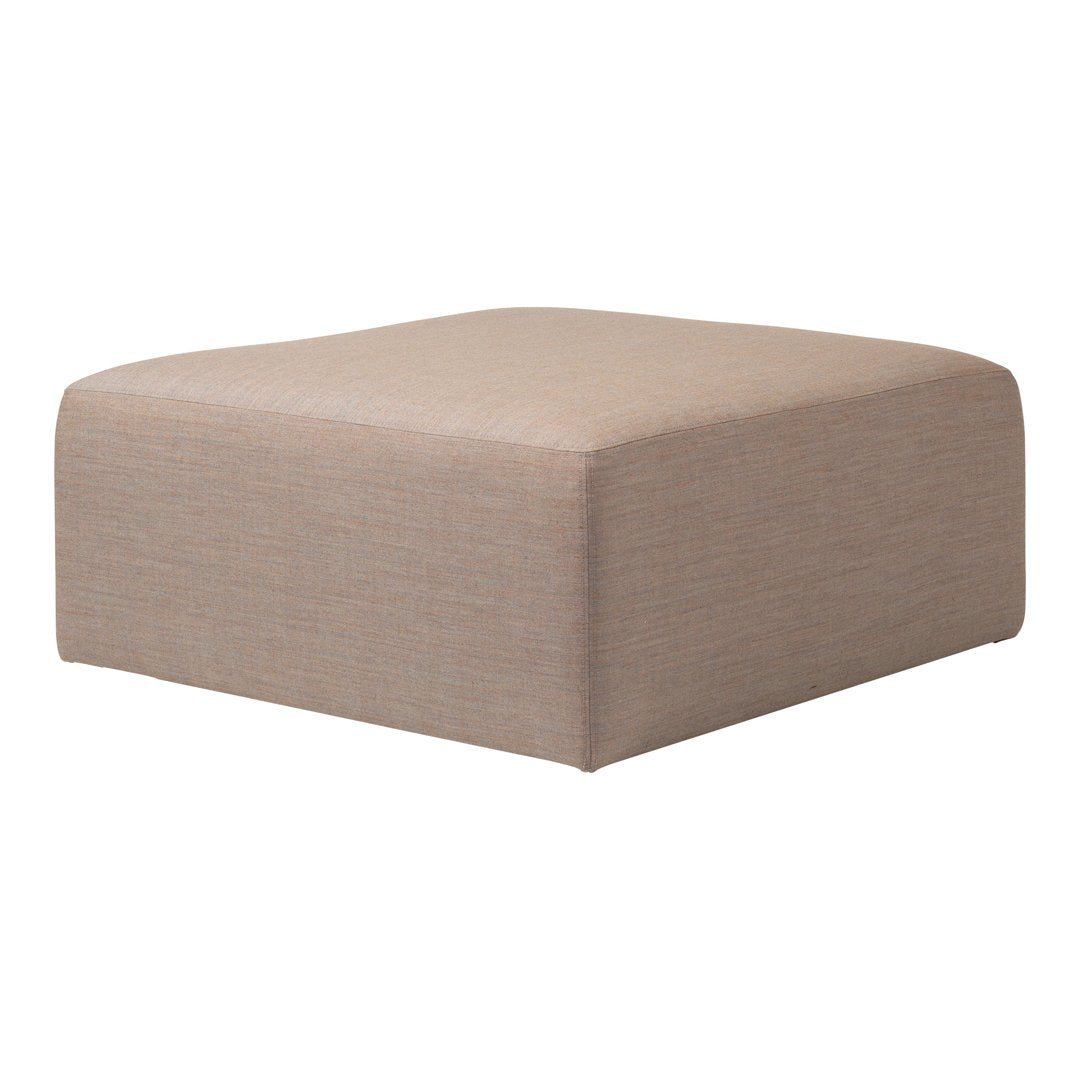 Square ottoman in a soft beige color with a textured fabric finish, perfect for modern interiors.