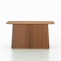 Brown wooden table with a smooth, minimalist design and a flat top, highlighting rich wood grain patterns.