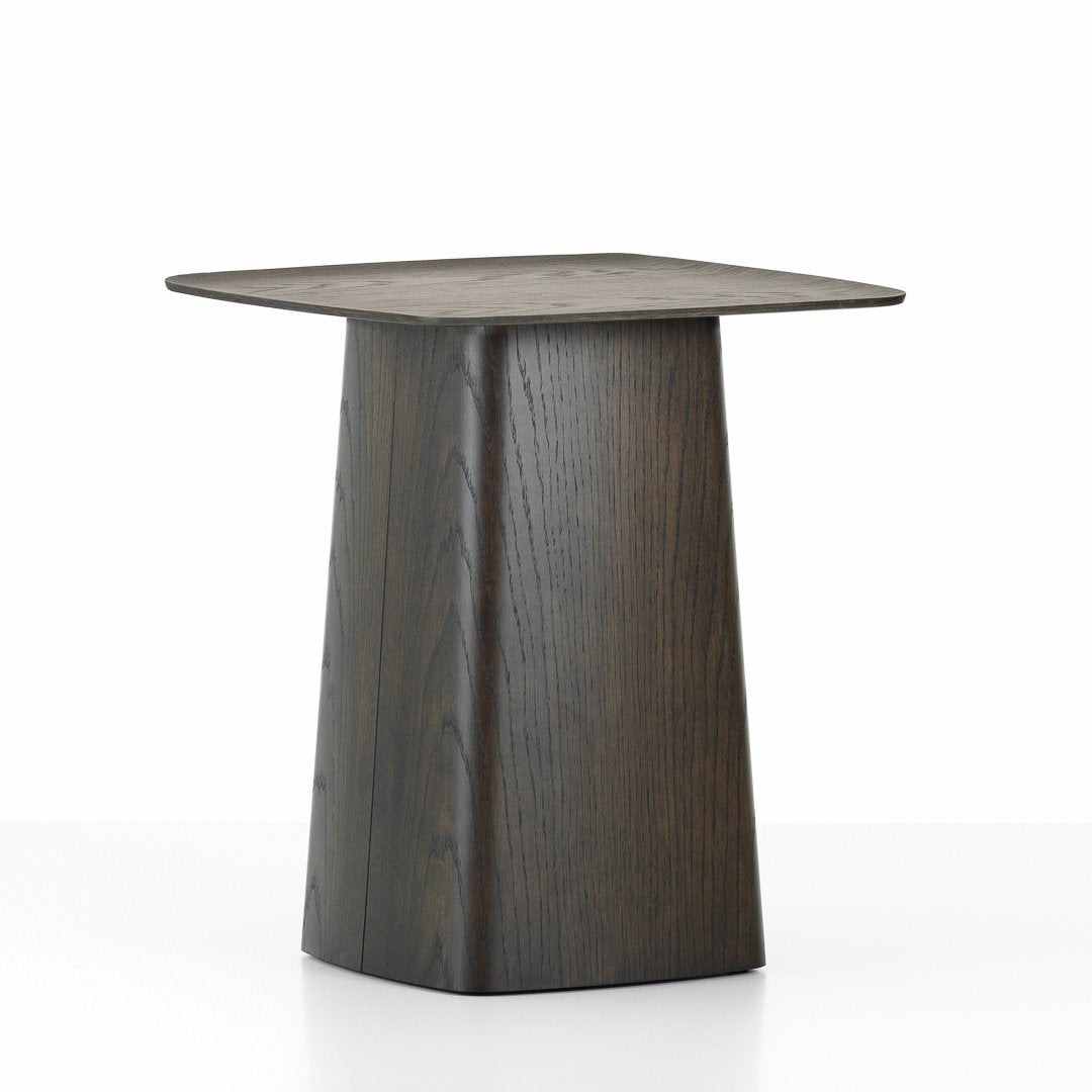 Dark wood accent table with a smooth, square top and tapered base, showcasing a sleek, modern design.