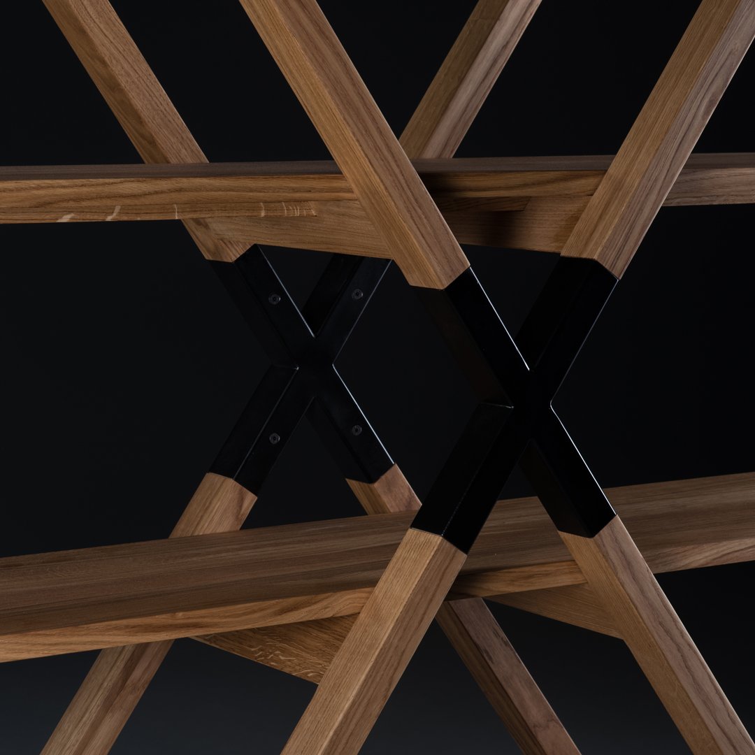 "Stylish bamboo and black metal cross-pattern design on a modern shelf unit, showcasing natural wood tones."
