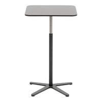 "Modern black and gray stand-up table with a sleek square top and minimalist design."