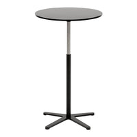 Black round tabletop with a sleek black base and silver pole, minimalist modern design perfect for any space.
