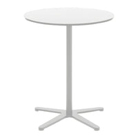 Round white table with a sleek design and a minimalist gray base, perfect for modern decor.