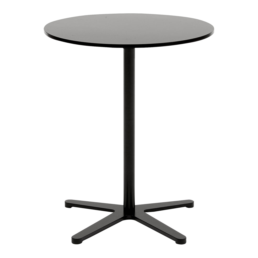Black round table with a sleek, glossy finish and minimalist design, featuring a sturdy black base for modern decor.