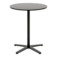 Black round table with a sleek, glossy finish and minimalist design, featuring a sturdy black base for modern decor.