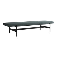 Stylish dark teal bench with sleek black metal frame, featuring a minimalist design and smooth texture.