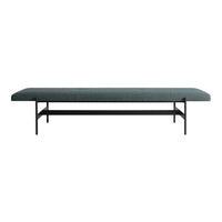 Sleek black metal bench with a solid dark green upholstered seat, featuring a minimalist design and no patterns.