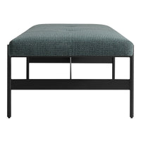 Teal patterned ottoman with a sleek black metal frame. Ideal for modern interior decor.