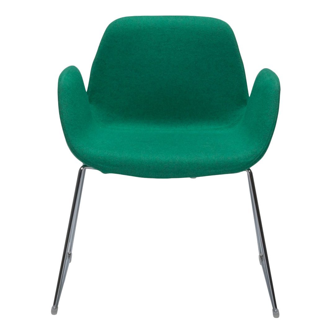 Green upholstered chair with smooth, rounded edges and sleek metal legs, perfect for modern decor.