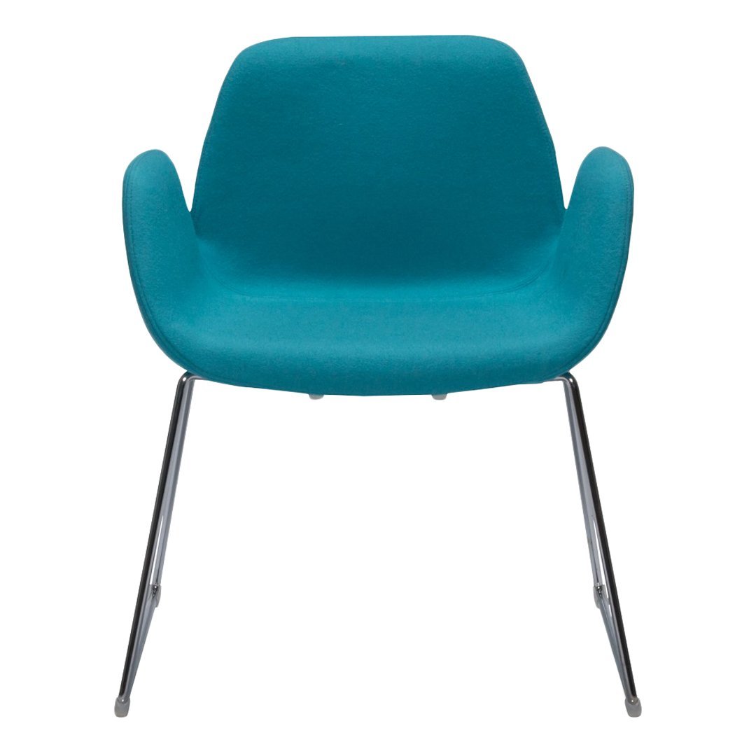 Teal upholstered chair with a sleek chrome base and minimalist design, perfect for modern interiors.