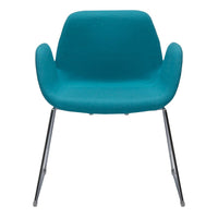 Teal upholstered chair with a sleek chrome base and minimalist design, perfect for modern interiors.