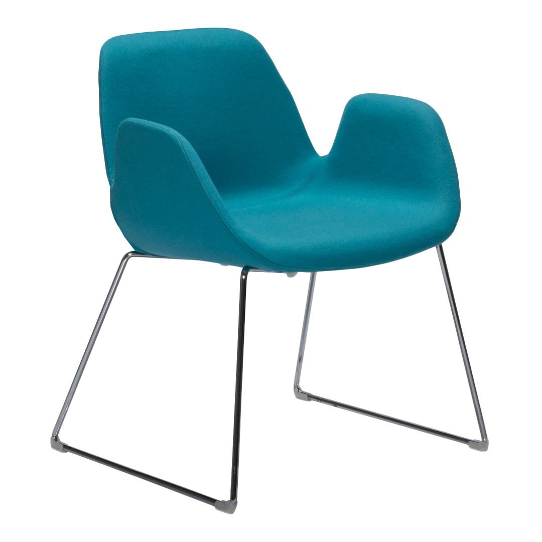 Teal upholstered chair with smooth curves and sleek chrome legs, perfect for modern decor.