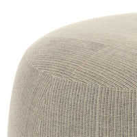 Beige textured fabric ottoman with a subtle woven pattern, showcasing soft, neutral tones for versatile decor.