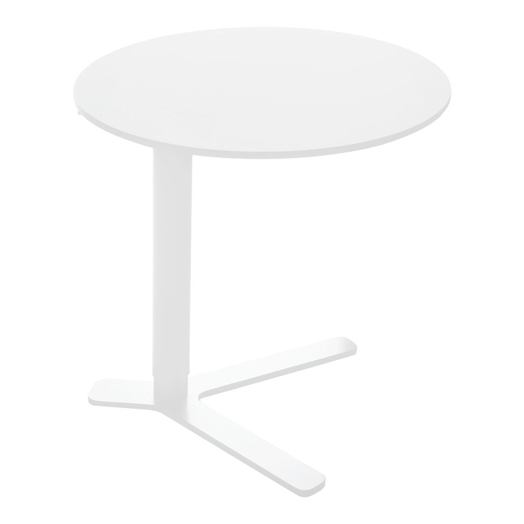 Round white table with a minimalist design and smooth surface, featuring a simple cross-shaped base.