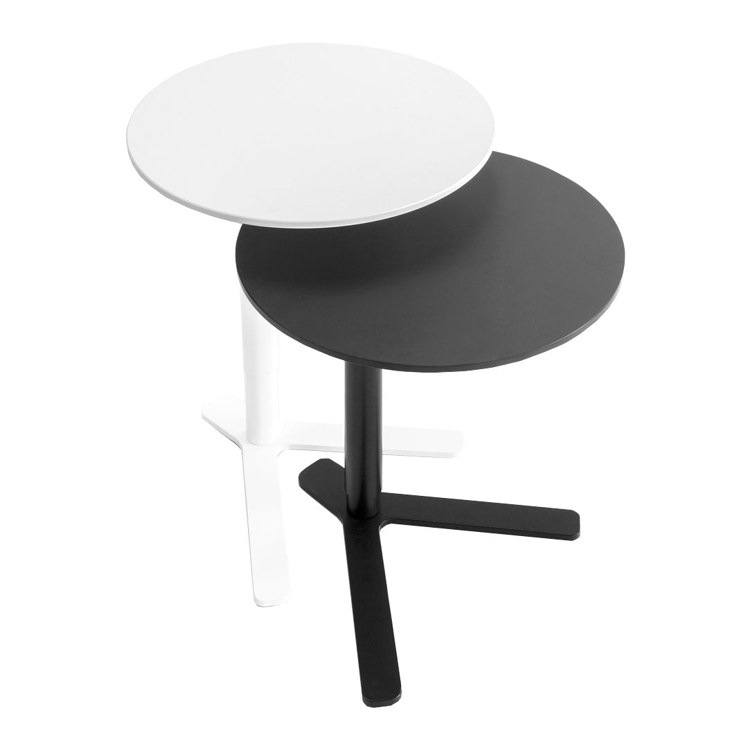Set of two modern side tables in sleek black and white finish, featuring round tabletops with minimalist design.