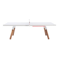 White tabletop with natural wooden legs and red accent detail, showcasing a modern and minimalist design.
