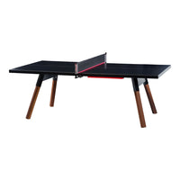 Sleek black ping pong table with walnut legs and a vibrant red net. Minimalist design, perfect for modern spaces.