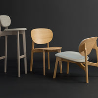"Modern wooden chairs in light wood, gray, and soft blue tones against a dark background, showcasing sleek designs."