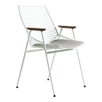 White metal chair with striped pattern, featuring natural wood armrests and minimalist design.
