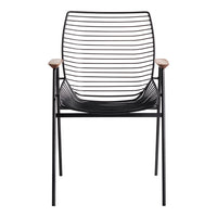 Modern black striped chair with wooden armrests, showcasing a sleek and minimalist design. Perfect for chic interiors.