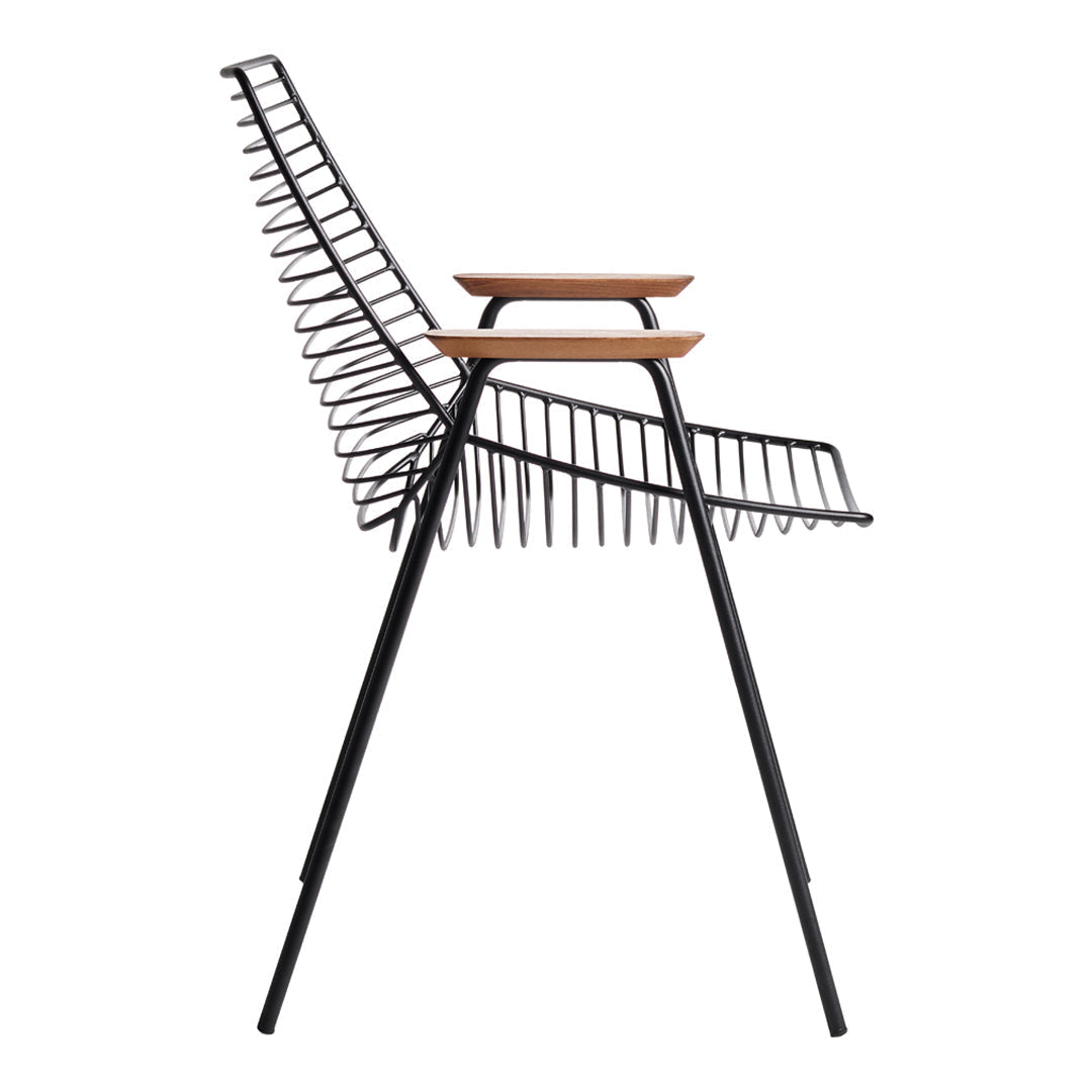 Black wire chair with natural wood accents and a unique ribbed design, perfect for modern decor.