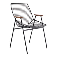 Black wireframe chair with sleek lines and natural wood accents on armrests. Modern and minimalist design.