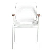 White chair with horizontal slatted pattern and natural wood armrests, perfect for modern decor.