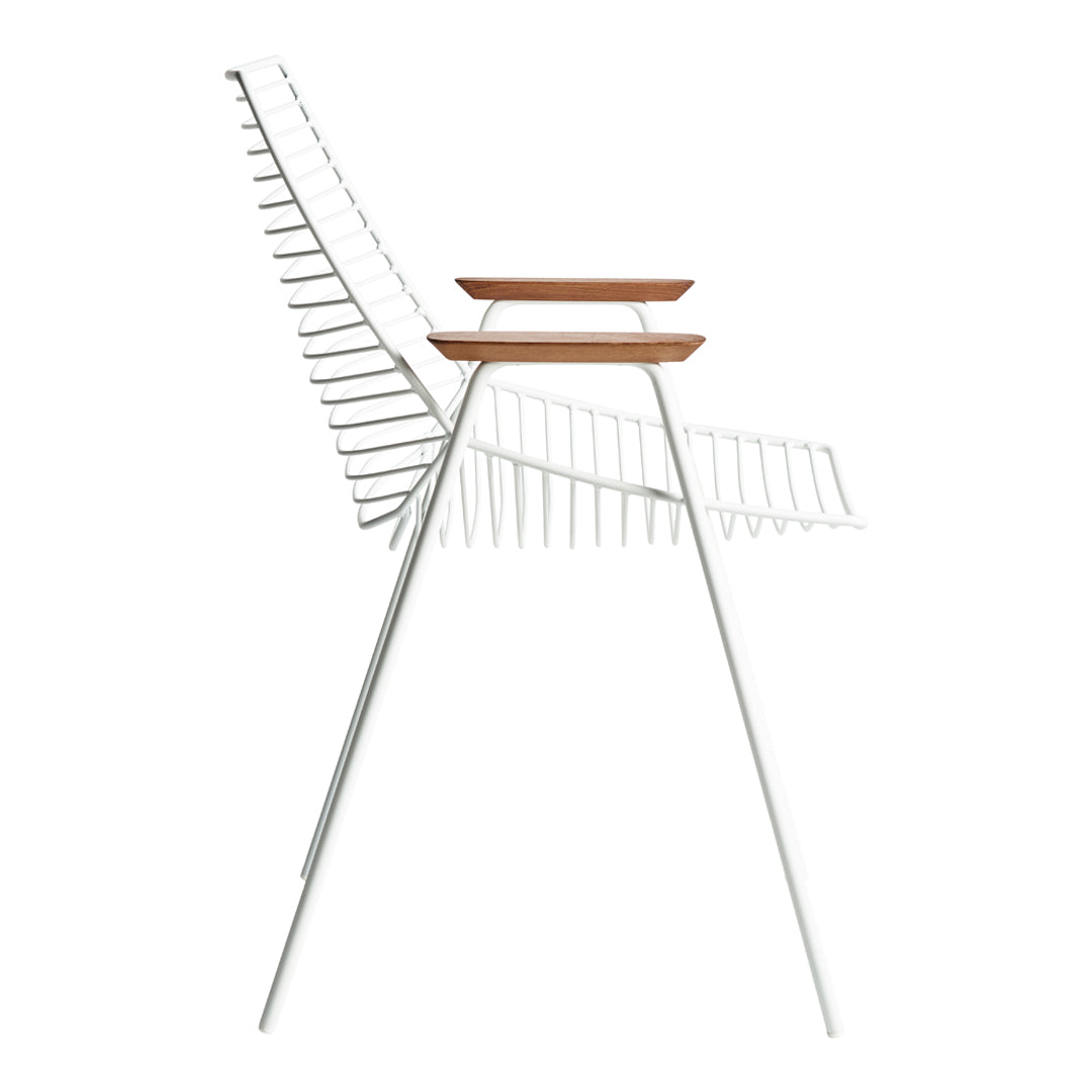 Modern white chair with sleek, linear metal design and natural wood accents. Stylish and minimalist patterns.