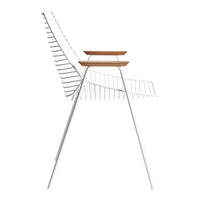 Modern white chair with sleek, linear metal design and natural wood accents. Stylish and minimalist patterns.