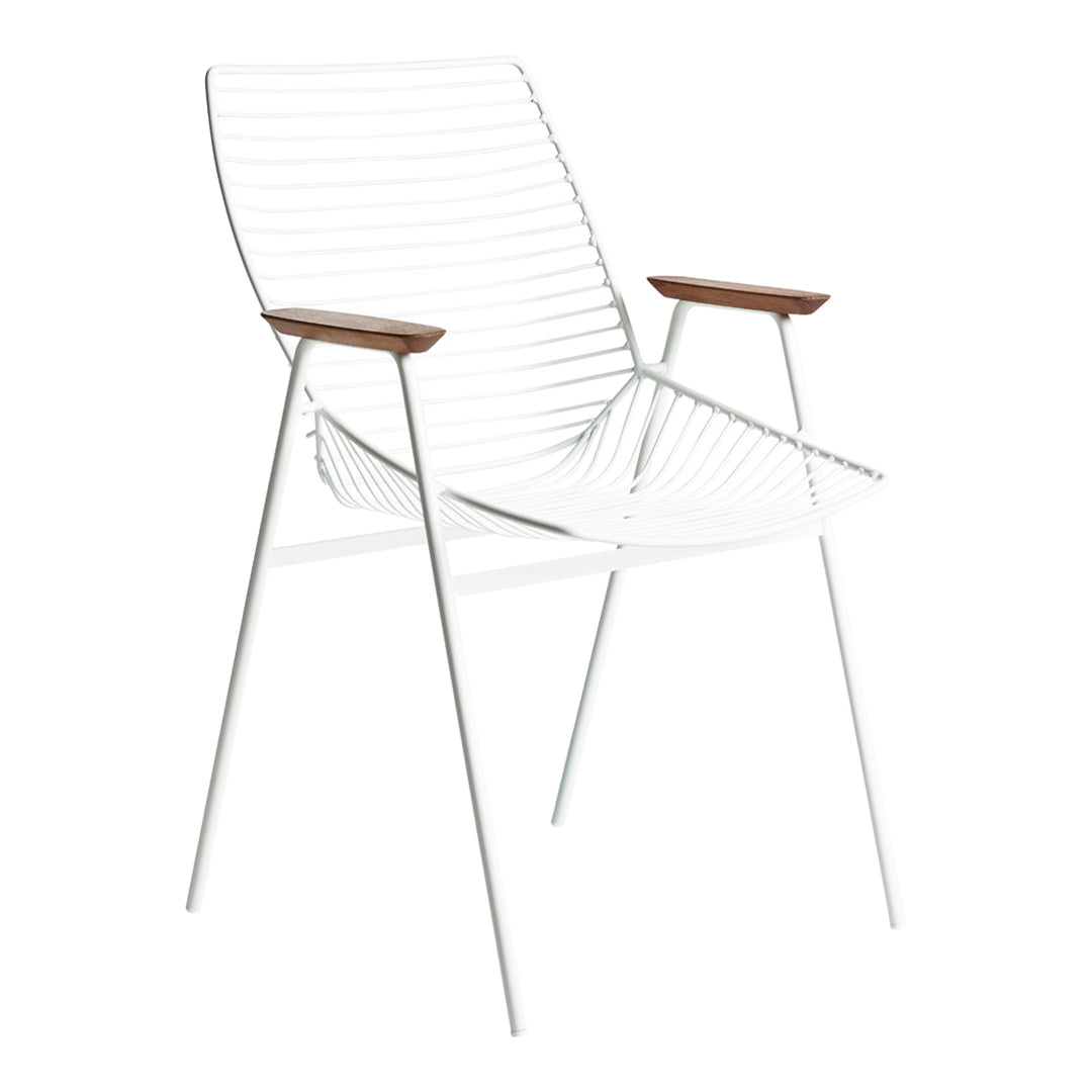 White wire chair with sleek lines and natural wood armrests, perfect for modern outdoor or indoor decor.