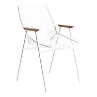 White wire chair with sleek lines and natural wood armrests, perfect for modern outdoor or indoor decor.