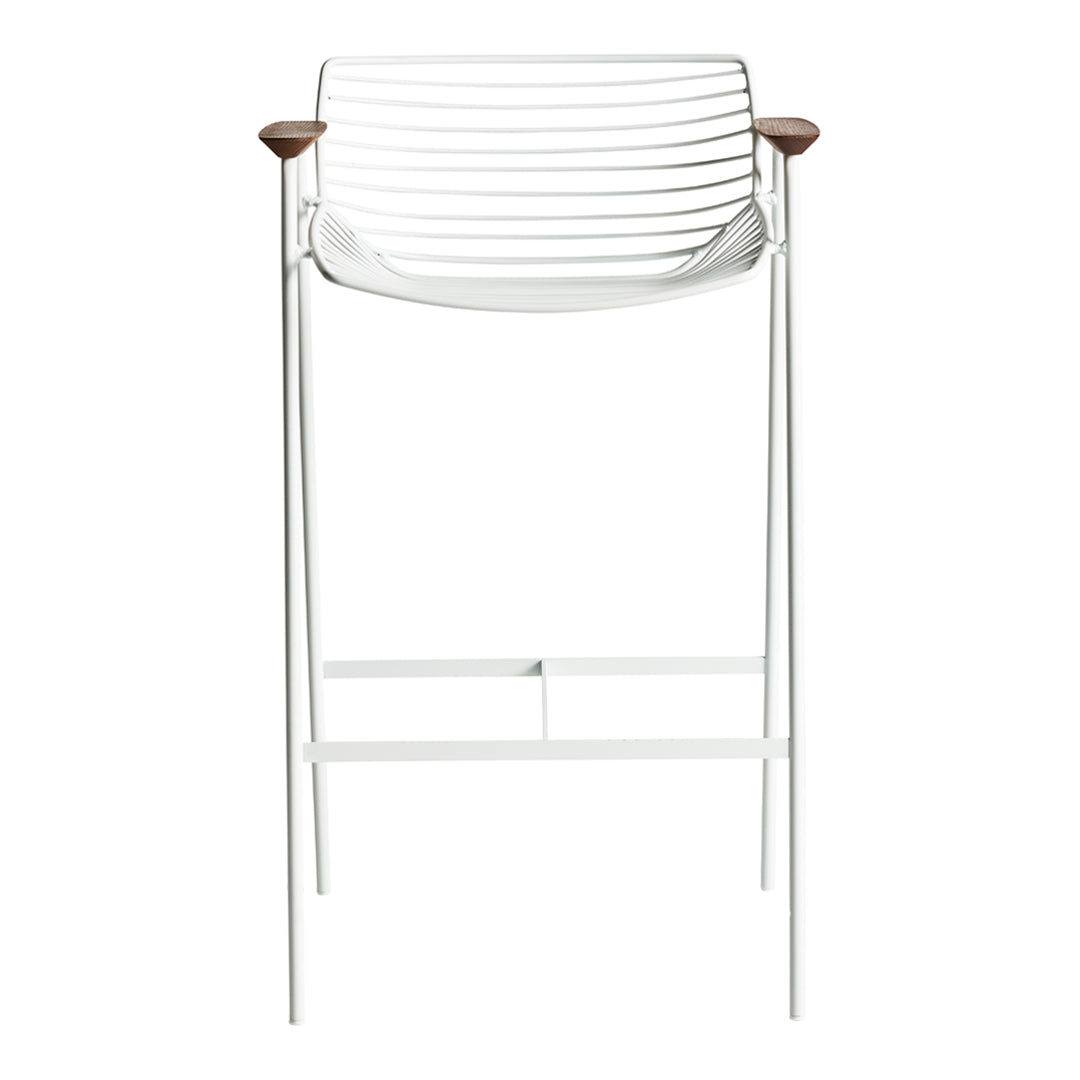 White slatted bar stool with natural wood accents and a sleek metal frame, perfect for modern decor.