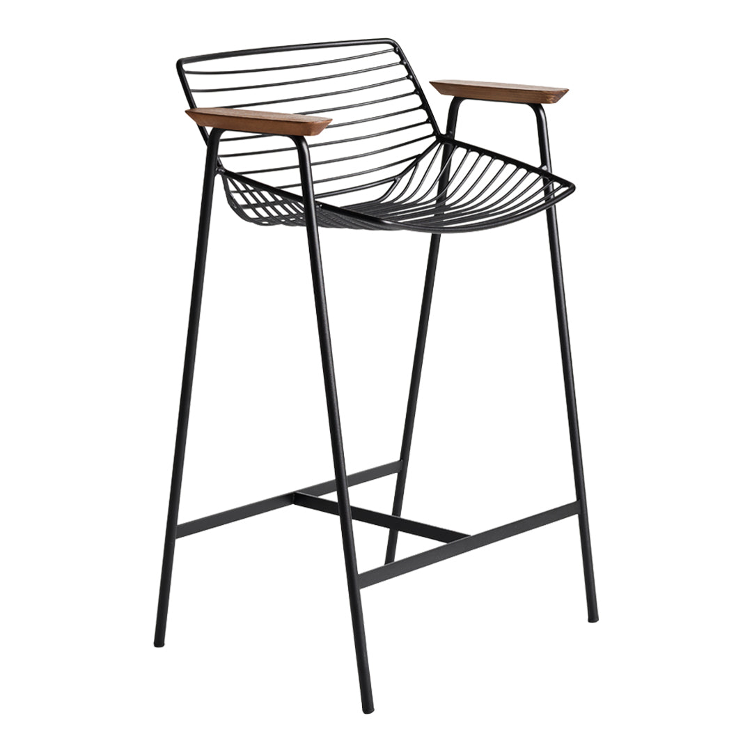 Black metal bar stool with sleek wire pattern and warm wood armrests. Modern design for any contemporary space.