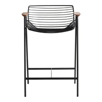 Black wire bar stool with wooden armrests, featuring a sleek slatted design for modern decor.