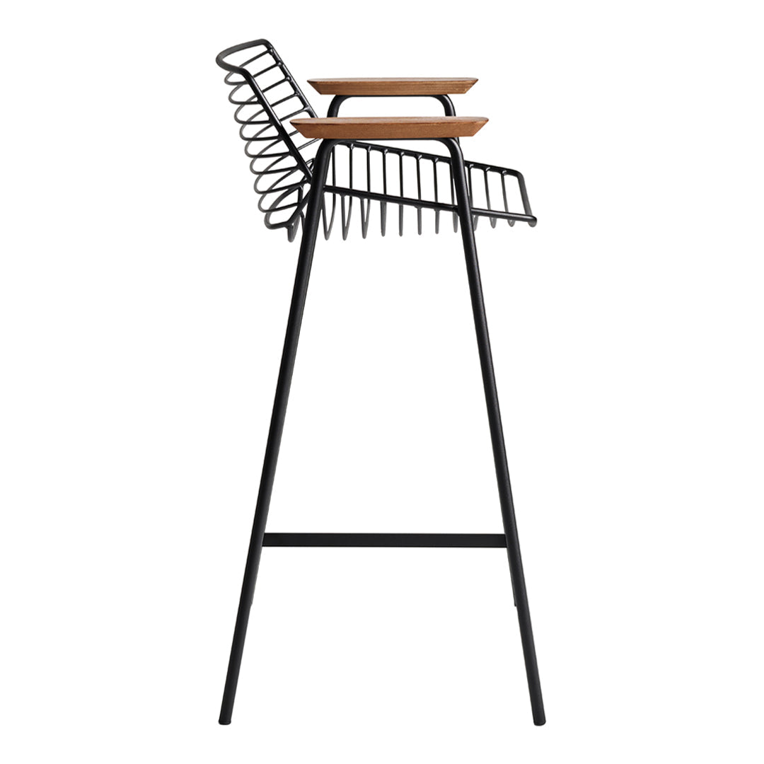 Black metal high chair with wooden accents, featuring a sleek, modern design and minimalist lines.